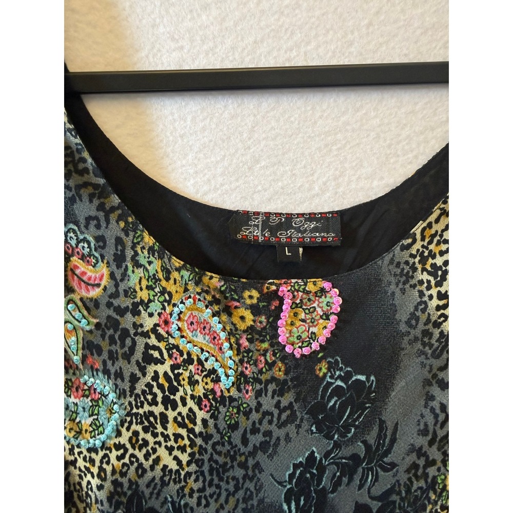 LP Oggi Stile Italiana Maxi Dress L Paisley Leopard Ruffle Chiffon Beaded Black - Picture 3 of 7
